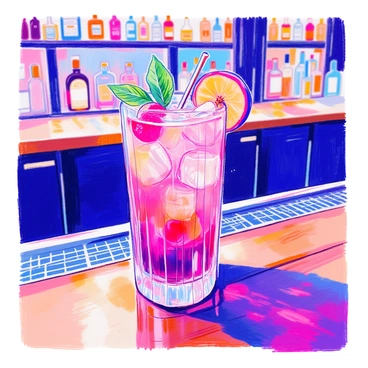 A colorful plum cocktail is placed on a polished wooden bar. The cocktail features shades of deep purple and vibrant pink, with ice cubes sparkling in the glass. It is garnished with a slice of fresh plum and a sprig of mint. The bar has a modern design with sleek lines, and behind it, various bottles of spirits are neatly arranged on shelves. Soft lighting accentuates the colors of the drink, creating an inviting atmosphere.