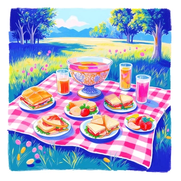 A picnic spread is laid out on a checkered blanket on the grass. In the center, there is a large, ornate punch bowl filled with colorful fruit punch. Surrounding the punch bowl, there is an assortment of delicious sandwiches, each cut into perfect triangles. Some sandwiches are filled with layers of lettuce, tomato, and turkey, while others contain colorful spreads and vegetables. A few small plates hold fresh fruit such as strawberries, grapes, and slices of melon. Nearby, there are clear plastic cups ready for the punch. Bright green trees and a clear blue sky form the backdrop of this vibrant scene.