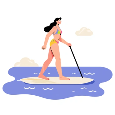 A girl with long flowing hair is paddleboarding on a calm sea. She is wearing a colorful bikini and is balancing gracefully on the board. The water is depicted with gentle waves, reflecting the sunlight. In the background, there are a few fluffy white clouds in a bright blue sky. The scene captures a vibrant and lively atmosphere.