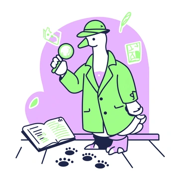 A goose wearing a detective outfit is standing on a wooden floor. The outfit consists of a brown trench coat and a matching hat. The goose is holding a magnifying glass in its right wing, examining a series of footprints on the ground. Next to the goose, there is an open notepad with scribbled notes. Behind the goose, a wall is adorned with various clues, including a map and a feather. A soft shadow is cast on the floor from the detective hat, adding depth to the scene.