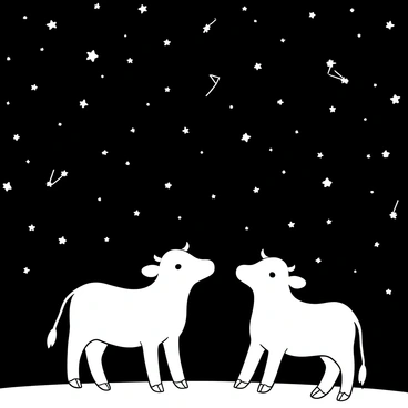 A two-headed calf standing on a grassy field, with one head turned to the left and the other head turned to the right. The calf's body is robust and detailed, showcasing its fur texture in black and white. Above, a vast starry night sky is filled with numerous stars and constellations, each twinkling brightly against the dark expanse. The calf gazes upward, its heads positioned at different angles, creating a symmetrical yet intriguing visual composition.