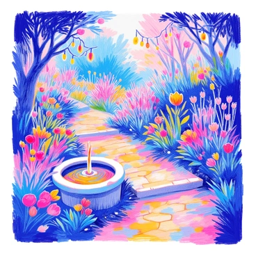 An enchanted garden features a stone path that winds through the area. Along the path, there are whimsical plants with vibrant flowers in various shapes and colors. Delicate fairy lights hang from the branches of trees, illuminating the garden with a soft glow. A small fountain made of smooth stone adds a serene element, with water gently flowing over its edges. In the background, lush greenery surrounds the garden, creating a sense of seclusion and magic.