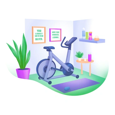 An exercise corner with a bike surrounded by indoor plants and calming decor