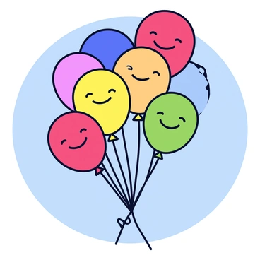 A cluster of colorful balloons, each featuring a cheerful face with a wide smile and bright eyes. The balloons come in various colors including red, blue, yellow, and green. They are gently drifting upward in a clear blue sky. The strings of the balloons are tied together, creating a lively and festive appearance.