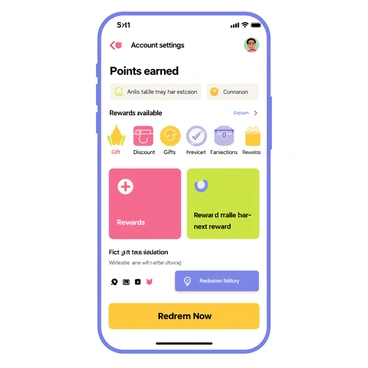 An illustration of a mobile app interface displaying a "loyalty program dashboard." The screen features vibrant colored sections indicating points earned, rewards available, and recent transactions. Icons for different rewards such as discounts, gifts, and exclusive offers are arranged neatly. A progress bar shows the user's advancement towards their next reward, while a button labeled "Redeem Now" stands out prominently at the bottom of the screen. User-friendly navigation tabs are visible at the top, allowing access to account settings and transaction history.
