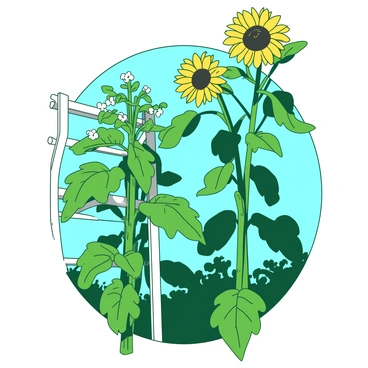 A green bean plant is climbing up a sturdy trellis, its leaves reaching towards the sky. Next to it, there are towering yellow sunflowers, their large, round heads facing the sun. The sunflowers are tall and vibrant, with thick green stems. The bean plant has small white flowers blooming among its leaves, adding a touch of delicacy to the scene. In the background, there is a clear blue sky, enhancing the brightness of the yellow sunflowers and the rich green of the bean plant.