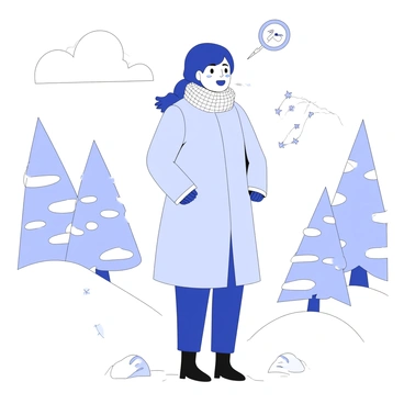 A person stands in a wintry landscape, dressed in a cozy, thick coat and knitted scarf. Their cheeks are slightly flushed, indicating warmth despite the cold surroundings. Wisps of breath can be seen escaping their lips, showing the contrast of the chilly air. Around the person, subtle illustrations depict various metabolic processes, like small arrows indicating energy conversion and soft lines representing heat flow emanating from their body. The background features snow-covered trees and a cloudy sky, enhancing the feeling of coldness while the person remains a source of warmth in the scene.