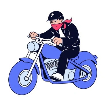 A motorcyclist wearing a black leather jacket is sitting on a sleek motorcycle. The rider has a red bandana tied around the lower part of their face, obscuring their mouth. They are gripping the handlebars tightly, and the engine is visible, showing its chrome details as it is being revved up. The motorcyclist's eyes are determined and focused beneath a glossy black helmet. The motorcycle stands on a smooth asphalt surface, highlighting its powerful stance.