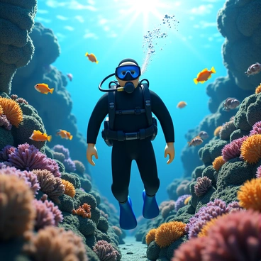 A scuba diver wearing a black wetsuit and a blue diving mask is exploring a vibrant coral reef. The diver's gear includes a regulator and a tank on their back. Colorful fish of various species, such as clownfish and angelfish, swim around the diver, creating a lively underwater scene. The coral formations are rich in texture, displaying shades of orange, purple, and green. The sunlight filters down from above, illuminating the water and enhancing the colors of the reef. Bubbles can be seen rising from the diver, indicating the pressure of great depth.