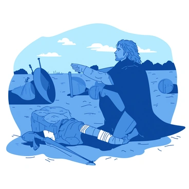 A blue Jon Snow is kneeling beside a wounded soldier on the ground after a fierce battle. The soldier has a bandage wrapped around his leg and is looking up with a mixture of pain and gratitude. Jon Snow is extending his hand towards the soldier, offering support, with his dark hair slightly tousled and his black cloak draped around him. In the background, there are remnants of the battle, like fallen shields and scattered weapons. The sky is a muted gray, adding to the gravity of the scene.