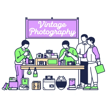 A marketplace booth is filled with various vintage cameras on display. The cameras include classic film models, with leather cases and metal bodies, arranged on a wooden table. Behind the booth, a banner is hung with the words "Vintage Photography" in an eye-catching font. In front of the table, several photography enthusiasts are interacting; one person is examining a camera closely, while another is discussing camera features with a vendor. There are also vintage photography books and accessories scattered around the booth, creating an inviting atmosphere for collectors and hobbyists alike.