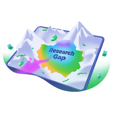 A grayscale map depicting a variety of terrains and features, such as mountains, rivers, and valleys. In the center of the map, there is a vibrant section filled with bright colors like blue, green, and yellow. This colorful section is prominently labeled with the words "Research Gap" in bold, black letters. The contrast between the grayscale map and the colorful section emphasizes its importance. Surrounding the colorful area are subtle details that reflect the topography of the map, enhancing the overall visual appeal.