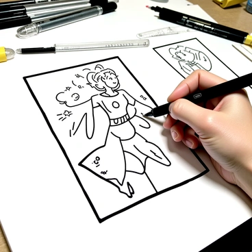 A comic book page featuring a classic superhero scene. The page is in the process of being inked, showcasing bold outlines and intricate details. A hand is holding a Faber-Castell pen, applying ink to a dynamic panel with a hero in mid-action pose. Nearby, there are several Faber-Castell pens in various sizes positioned on a worktable, alongside a ruler and a sketch of the character. The background includes a studio environment with scattered sketches and art supplies.