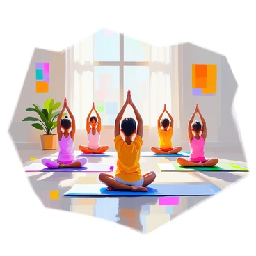 A spacious, bright room filled with natural light features several children practicing yoga poses. Each child is focused and relaxed, displaying various poses such as tree pose, downward dog, and warrior pose. They are on colorful yoga mats, with hues of blue, pink, green, and yellow scattered across the floor. The walls are adorned with cheerful artwork, adding to the inviting atmosphere of the space. The children, of diverse backgrounds, range in age and are dressed in comfortable, vibrant workout clothes.