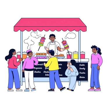 A lively street food stall with a bright red canopy. A chef wearing a white apron is standing behind the stall, expertly grilling skewers of colorful vegetables and marinated meats. Smoke rises from the grill, creating a playful swirl in the air. Various sauces and spices are neatly arranged on the counter in glass jars, adding vibrant colors. In front of the stall, customers are chatting and eagerly waiting for their food, while a chalkboard menu displays the day's special dishes in white lettering.