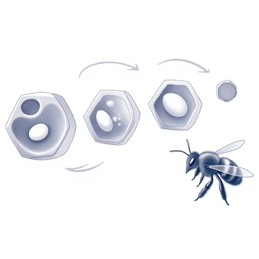 An illustration showing the lifecycle stages of a bumblebee. The first stage features a small, white egg positioned within a honeycomb cell. Next, there is a larva that is pale and elongated, resting within the same cell. Following that, there is a pupa, which resembles a sealed cocoon, resting inside another cell. Finally, there is an adult bumblebee with a round body covered in fine hairs, displaying its distinct features such as large compound eyes and wings. The various stages are arranged in a sequence to highlight the transformation from egg to adult.
