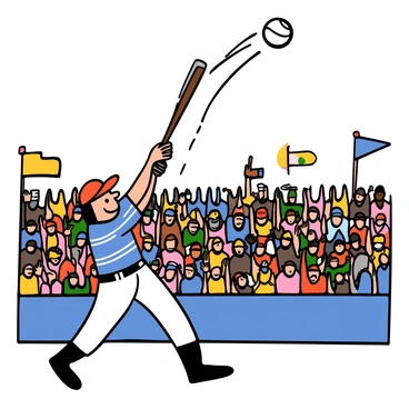 A player with light skin and short dark hair is swinging a bat, making contact with a baseball. The ball is soaring high into the sky, leaving a trail behind it. The player is wearing a blue jersey with white stripes and a red cap. In the background, a packed stadium is filled with enthusiastic fans, some standing and cheering, while others are capturing the moment with their phones. Colorful banners and flags can be seen waving in the stands, adding to the excitement of the scene.