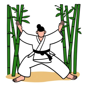 A person with light skin and short black hair practicing aikido moves in a tranquil bamboo grove. The individual is wearing a traditional white gi, with a black belt tied around the waist. Surrounding them are tall green bamboo stalks, creating a serene atmosphere. Soft sunlight filters through the leaves, casting dappled shadows on the ground. The person is in a dynamic pose, demonstrating focus and strength, with their arms extended and feet positioned firmly on the ground.