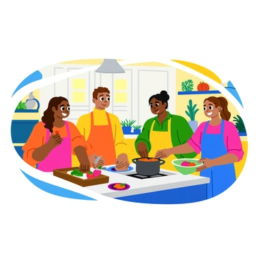 A group of four friends happily preparing a meal in a bright kitchen. One friend is chopping colorful vegetables on a wooden cutting board. Another is stirring a pot on the stove, full of a bubbling stew. The third friend is setting the table with vibrant plates and utensils. The fourth friend is mixing a salad in a large glass bowl. Sunlight streams through the window, illuminating the cheerful space filled with plants and kitchen tools. Laughter and excitement can be felt in the air as they enjoy their time together.