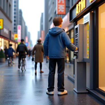 A person with short brown hair, wearing a blue jacket and dark jeans, stands in front of an ATM machine. They are withdrawing cash, with their hand reaching out to grasp the money being dispensed. The street around them is bustling with activity, featuring pedestrians walking by and some cyclists passing in the background. Various storefronts line the street, showcasing brightly colored signage and window displays. The pavement is wet, indicating that it has recently rained, and reflections from the surrounding lights can be seen on the ground.