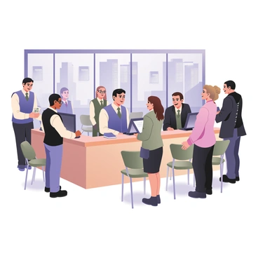 A digital flat illustration featuring a bustling bank teller counter filled with activity. In the foreground, there are two bank tellers, one on the left with dark hair wearing a blue vest and white shirt, and another on the right with light hair wearing a green tie and a black blazer. They are engaged in conversation with customers. On the left, a man with medium skin and glasses is handing over documents to the teller, while on the right, a woman with curly hair is smiling as she receives cash. Behind the tellers, there are several green chairs occupied by waiting customers, and large glass windows showcasing the exterior of the bank building. The scene is lively with various expressions and interactions among the people present.