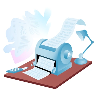 A classic ticker tape machine is positioned on a wooden table. The machine has a metallic body with visible gears and a rotating drum. Printed paper is streaming out from the machine, displaying stock prices in clear, black text. The background features a collection of various financial papers and a desk lamp casting soft light across the scene. A calculator and a pen are placed alongside the ticker tape machine.