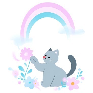 A vibrant rainbow is arcing gracefully across the sky. Below the rainbow, a cat with soft fur is sitting calmly on the ground. The cat is reaching out with one paw, gently touching the tip of its nose to a nearby flower. The scene is filled with colorful flowers in full bloom surrounding the cat, creating a lively and cheerful atmosphere.