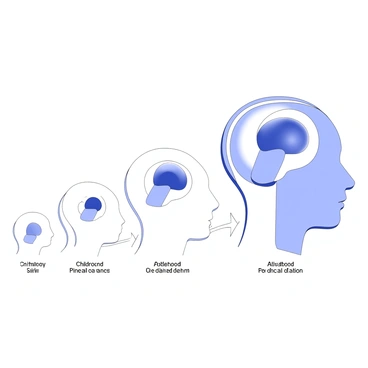 An illustration depicting the evolution of the pineal gland at various life stages. The image features a side view of a human head, clearly showcasing the pineal gland located deep within the brain. In the foreground, the first stage represents infancy, with a small pineal gland that is round and smooth. The second stage illustrates childhood, where the gland appears slightly larger and more defined. The third stage captures adolescence, with the gland exhibiting more complexity and texture. The final stage showcases adulthood, where the pineal gland is fully developed, appearing robust and intricately detailed. Arrows connect each stage, indicating progression, with labels beneath each stage to denote the specific age range.