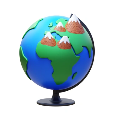 A globe featuring a detailed map of the world. The continents are textured and colored realistically, showcasing various terrains. Miniature mountains protrude from the surfaces of the continents, each mountain varying in height and shape, with rocky textures and snow-capped peaks. The oceans are depicted in a deep blue hue, contrasting with the vibrant colors of the landmasses. The globe is positioned on a sturdy stand, with a clear view of the three-dimensional features.