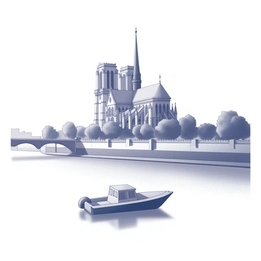 A small boat gently gliding along the Seine River. The boat has a simple design, with a pointed bow and a small cabin at the rear. In the background, the Notre Dame Cathedral stands with its iconic Gothic architecture, featuring pointed arches and flying buttresses. The river reflects the outlines of the buildings along its banks, creating a harmonious scene of urban life. The sky above is clear, emphasizing the grandeur of the cathedral and the tranquility of the river.