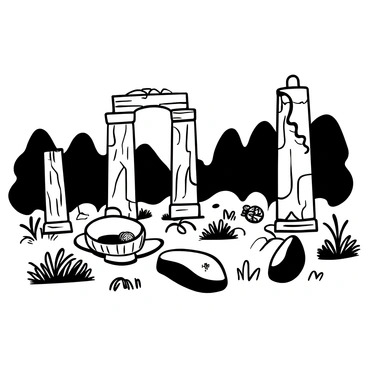 A landscape featuring an ancient ruin site with crumbling stone pillars scattered throughout the scene. The pillars are weathered and cracked, showing signs of erosion. Among the pillars, there are hidden artifacts partially buried in the ground, including a weathered vase and broken pottery. Lush vegetation surrounds the ruins, with vines crawling up the sides of the stones. In the background, a dense forest looms, adding to the sense of mystery. The overall atmosphere suggests a long-lost civilization, inviting exploration.