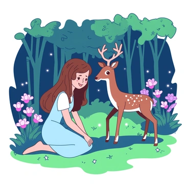 A girl with long brown hair and a light blue dress is kneeling on the soft green grass in a magical forest. She is smiling gently at a gentle deer with white spots on its brown fur. The deer is standing close to her, with its head tilted slightly, showing curiosity. Surrounding them are vibrant glowing flowers in shades of pink and purple, illuminating the scene with their soft light. In the background, tall trees with lush green leaves create a sense of depth and wonder in the forest. The atmosphere feels enchanted, with delicate fireflies flickering in the air.