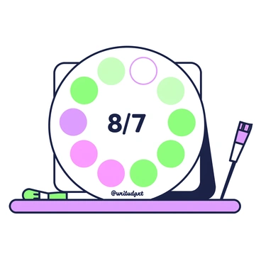 An artist's palette is displayed prominently, featuring eight distinct sections for colors. Seven of these sections are filled with vibrant alternating shades, while the eighth section remains empty. The colors used include various hues that suggest creativity and artistry. In the center of the palette, there is a clear depiction of the fraction "8/7" illustrated with bold numbers, emphasizing the theme of creativity in a playful manner. The palette itself is resting on a wooden surface, with a few paintbrushes scattered nearby, hinting at an active work in progress.