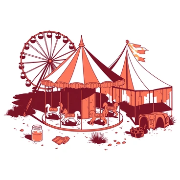 An abandoned, ghostly fairground with broken rides and eerie lights