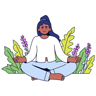 A person sitting cross-legged on the ground, practicing meditation. The individual has long hair pulled back, wearing a loose-fitting white shirt and comfortable pants. Surrounding the person are various fynbos plants with vibrant green leaves and small, colorful flowers. The scene is bathed in soft natural light, highlighting the textures of the fynbos. The person's eyes are closed, and their posture conveys tranquility.