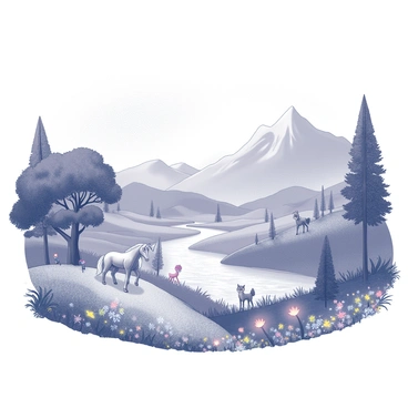 A vast landscape filled with rolling hills and gentle valleys. In the foreground, there are lush trees with intricate branches and dense foliage. The scene features a sparkling river winding through the terrain, its banks adorned with colorful flowers. In the background, majestic mountains rise high into the sky, their peaks touched by clouds. Scattered throughout the landscape, various magical creatures can be seen. A graceful unicorn stands near the water's edge, while small fairies flit between the flowers, their delicate wings shimmering. A wise old owl perched on a branch overlooks the scene, and a gentle deer grazes in the distance. "Enchanting creatures" populate the landscape, creating a whimsical atmosphere.