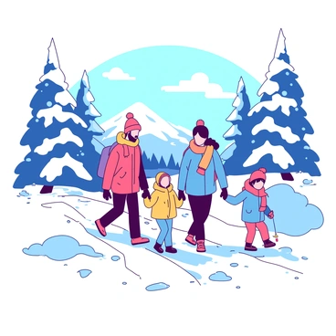 A family of four is hiking along a winter trail covered in a thick layer of white snow. Each family member is bundled up in colorful winter jackets, with bright hats and gloves. The parents are leading the way, while two children follow closely behind, playfully kicking up the snow with their boots. Surrounding the trail, tall frosty trees are heavy with white snow, their branches bending slightly under the weight. In the background, a pale blue sky peeks through the branches, adding contrast to the serene winter scene.