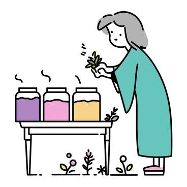 An old herbalist with silver hair, wearing a long green robe, is bending down to gather herbs from the ground. The dimming twilight casts a soft glow around her. Surrounding her are several jars of potions, varying in colors from deep purple to bright orange, placed on a rustic wooden table. The herbalist's wrinkled hands gently hold a handful of fresh green herbs. Small plants and flowers are scattered around the base of the table, hinting at the variety of herbs she collects.