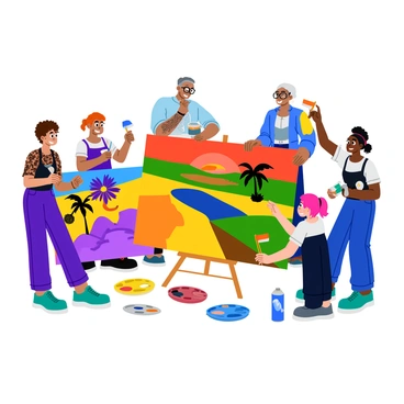 A group of five diverse artists is gathered around a large canvas, each one focused on their section of a vibrant collaborative artwork. The first artist, a woman with curly hair, is painting a colorful abstract pattern using bright blues and yellows. Beside her, a man with glasses is sketching detailed floral designs in intricate shades of purple and green. The third artist, a young woman with tattoos, is applying bold strokes of red and orange to create a fiery sunset scene. The fourth artist, an older gentleman, is carefully adding geometric shapes in black and white, creating a contrast to the more colorful sections. Finally, a teenager with vibrant pink hair is using spray paint to graffiti a whimsical character on the canvas. Various paintbrushes, palettes, and cans of spray paint are scattered around them, emphasizing the lively atmosphere of creativity and collaboration.