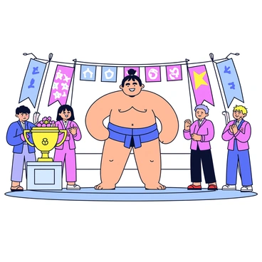 A sumo wrestler wearing a traditional mawashi, which is a thick belt made of fabric, stands proudly in the center of a ceremonial arena. The wrestler has a topknot hairstyle, and the expression on their face shows a sense of accomplishment. Surrounding the wrestler are various colorful banners displaying symbols of victory. Spectators in the background are dressed in traditional Japanese clothing, clapping and celebrating the achievement. A large trophy is placed on a pedestal nearby, adorned with flowers and decorative ribbons.