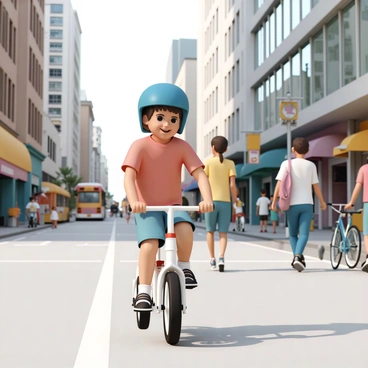A young child, wearing a bright blue helmet, is riding a balance bike along a busy city street. The child, dressed in a red t-shirt and denim shorts, has a focused expression as they steer the bike. Surrounding them are tall buildings with large windows reflecting the sunlight. Pedestrians are walking along the sidewalk, some looking at the child, while a few bicycles are parked nearby. Colorful storefronts line the street, and a city bus can be seen passing in the background, adding to the lively atmosphere of the scene.