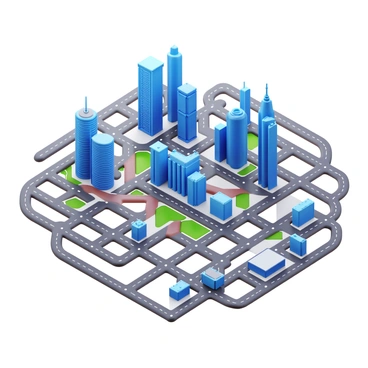 A sprawling cityscape viewed from above, showcasing a detailed arrangement of roads and buildings forming a graph network. The buildings vary in height and design, with some towering skyscrapers and others being lower structures. The roads crisscross in a complex pattern, connecting different parts of the city. Different sections of the city are represented by distinct colors for visual clarity. The overall layout resembles a carefully planned urban graph, emphasizing the interconnectedness of the city elements.