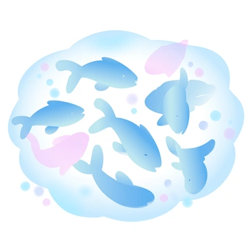 A school of fish is swimming together in a synchronized manner, creating intricate, harmonious patterns in the water. The fish are of various sizes and colors, contributing to the vibrant effect as they move fluidly. The water is a clear blue, with soft gradients that enhance the visual depth of the scene. Light filters through the surface, casting gentle shadows and reflections around the fish, emphasizing their graceful movements. Small bubbles rise from the fish as they swim, adding to the dynamic quality of the composition.