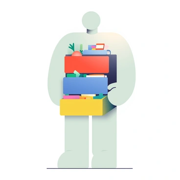 A human figure stands upright, with a smooth, featureless face and a neutral expression. The torso of the figure is designed to resemble a cabinet, with multiple drawers opening outward from its midsection. Each drawer is painted in a different color: bright red, deep blue, sunny yellow, and vivid green. The drawers are partially open, revealing various objects inside them, such as small books, colorful art supplies, and tiny plants. The figure's arms are relaxed at its sides, and the background is a soft gradient of pastel colors, enhancing the overall visual effect.