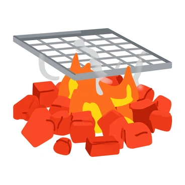 A close-up view of red-hot coals glowing brightly in shades of ember and orange. The coals are arranged unevenly, with some larger chunks and smaller pieces interspersed among them. Above the coals, a metallic grill grate with a shiny surface is positioned, casting subtle shadows on the glowing coals below. The texture of the coals is rough and porous, contrasting with the smooth lines of the grate. The scene is dynamic, with smoke gently rising from the hot coals, creating a sense of heat and intensity.