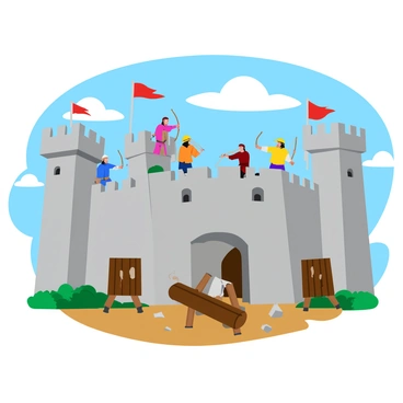 A large medieval castle with tall stone walls and a fortified gate is depicted. Archers in colorful tunics are positioned atop the walls, aiming their bows toward the ground. Below, large wooden battering rams are set up, ready to strike the castle gates. The sky is filled with dark clouds, adding a dramatic tension to the scene, while banners flap in the wind from the castle towers. The ground is uneven and scattered with debris, emphasizing the intensity of the siege.
