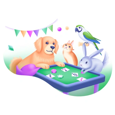 A modern pastel illustration depicting a scene where several pets are gathered around a card table. At the table, a fluffy golden retriever sits with a serious expression, its ears perked up. Next to it, a small tabby cat has narrowed eyes, maintaining a focused look. A parrot on a perch nearby adds to the scene, tilting its head as if considering the game. A rabbit with long ears rests on the table, peering at the cards with an intense gaze. The cards and poker chips are scattered on the table, highlighting the playful tension of the game. In the background, there are colorful decorations that create a light-hearted atmosphere.
