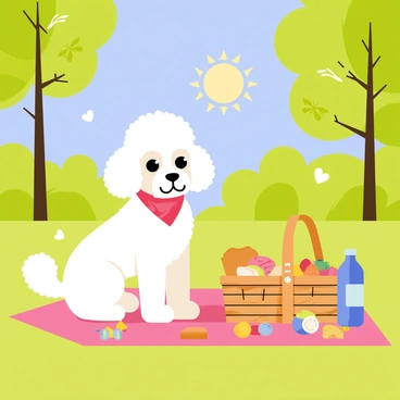 A poodle enjoying a picnic with a basket full of treats in a park