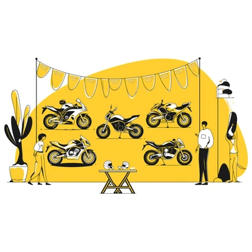 An outdoor market scene filled with several motorbikes on display for sale. The bikes range in size and style, showcasing a variety of models and designs, including sport bikes, cruisers, and dirt bikes. Each motorbike is positioned on stands, attracting the attention of potential buyers. Bright banners with prices hang above the display area, while small groups of people wander through the market, engaging in discussions about the bikes. Tables with motorcycle gear, helmets, and accessories are setup nearby, adding to the lively atmosphere of the market.