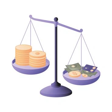 A digital flat illustration depicting a scale in the center of the image. On the left side of the scale, there are stacks of shiny gold coins, arranged neatly and reflecting light, symbolizing wealth. On the right side, there are various expense items such as a small stack of bills, a credit card, and a few coins scattered around. The scale is visibly tilted towards the left side, indicating that the coins outweigh the expenses. The background is a soft color to keep the focus on the scale and its contents.